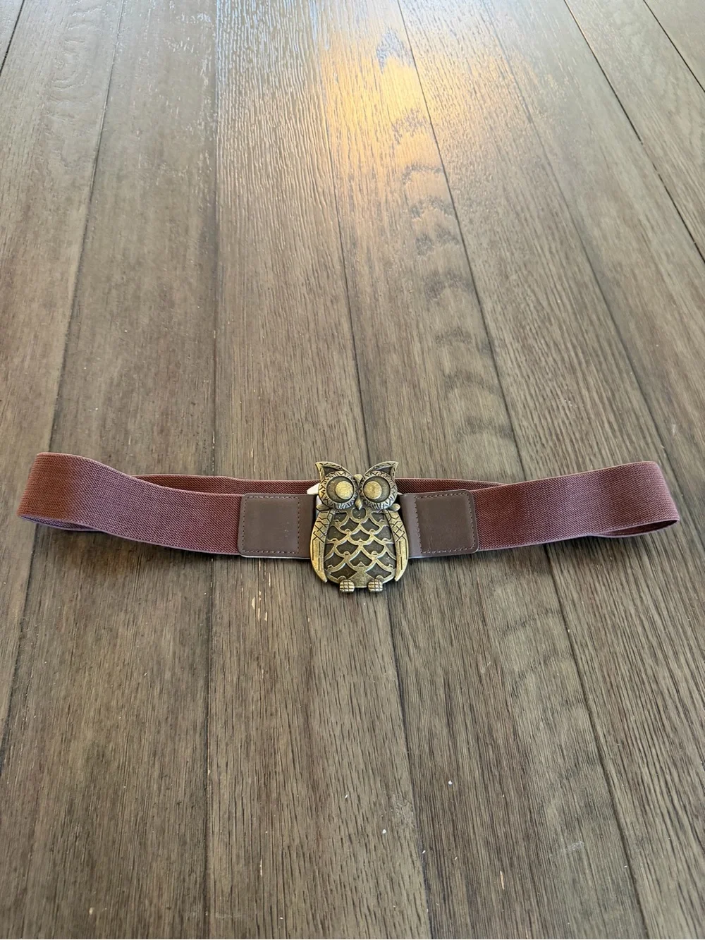 Vintage Style Brown Elastic Owl Buckle Waist Belt Antiqued Brass Tone Cinch Belt